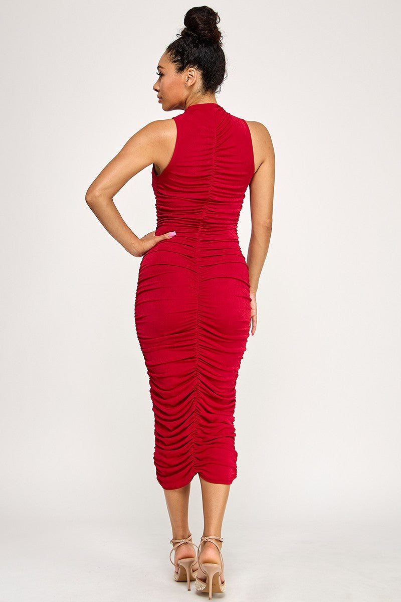 Garcelle Mock Neck Ruched Front Sleeveless Midi Dress