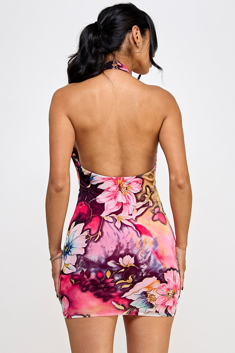 Merida Deep V Neck Flower Print Mesh Halter Mini Dress