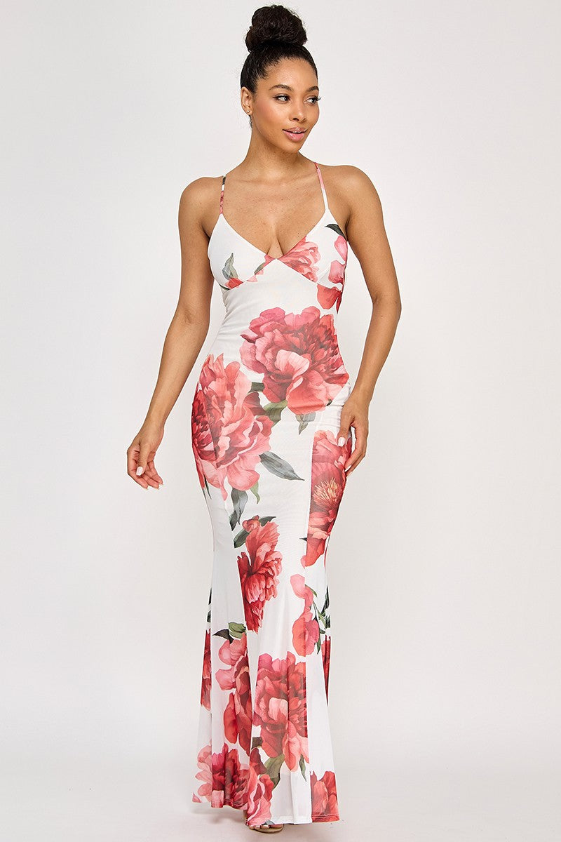 Bahama Printed Mesh Halter Neck Open Back Maxi Dress