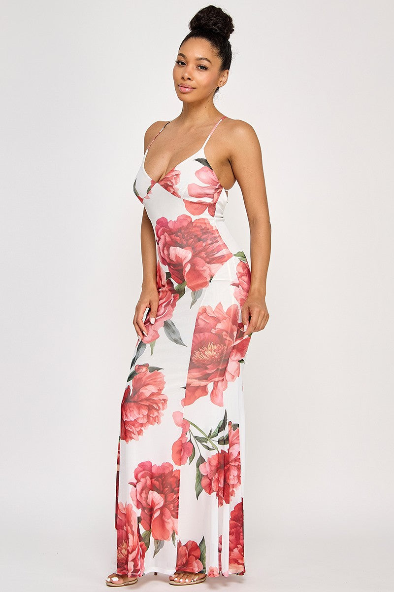 Bahama Printed Mesh Halter Neck Open Back Maxi Dress