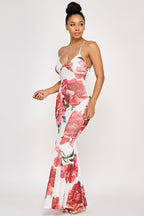 Bahama Printed Mesh Halter Neck Open Back Maxi Dress