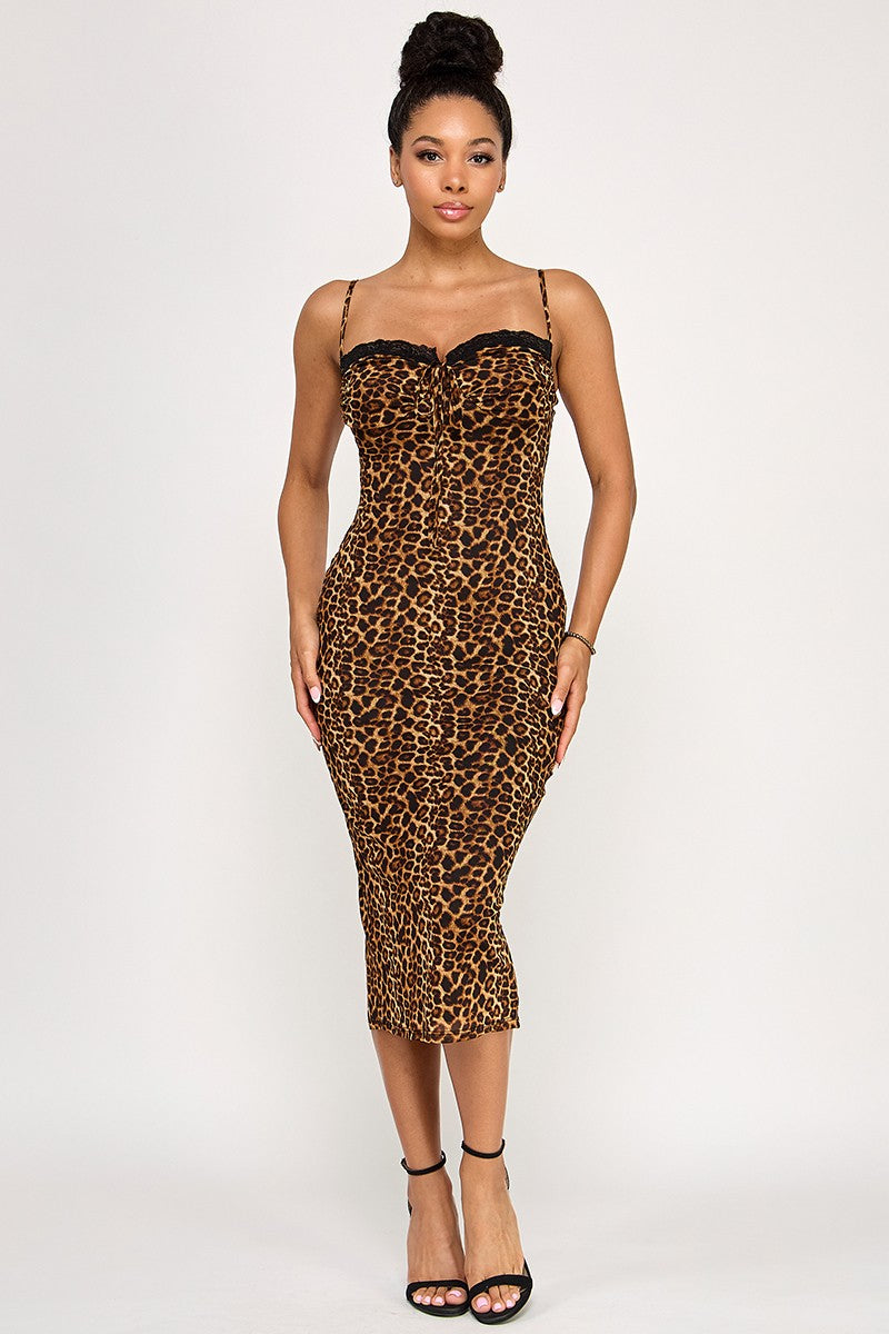 Scarlett Floral Print Lace Trim Mesh Midi Dress