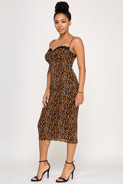 Scarlett Floral Print Lace Trim Mesh Midi Dress