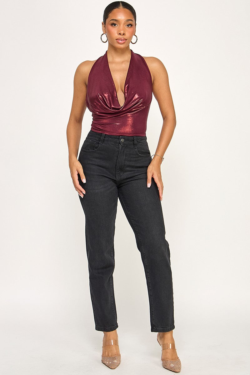 Lacienega Deep V Cowl Neck Slinky Open Back Halter Top