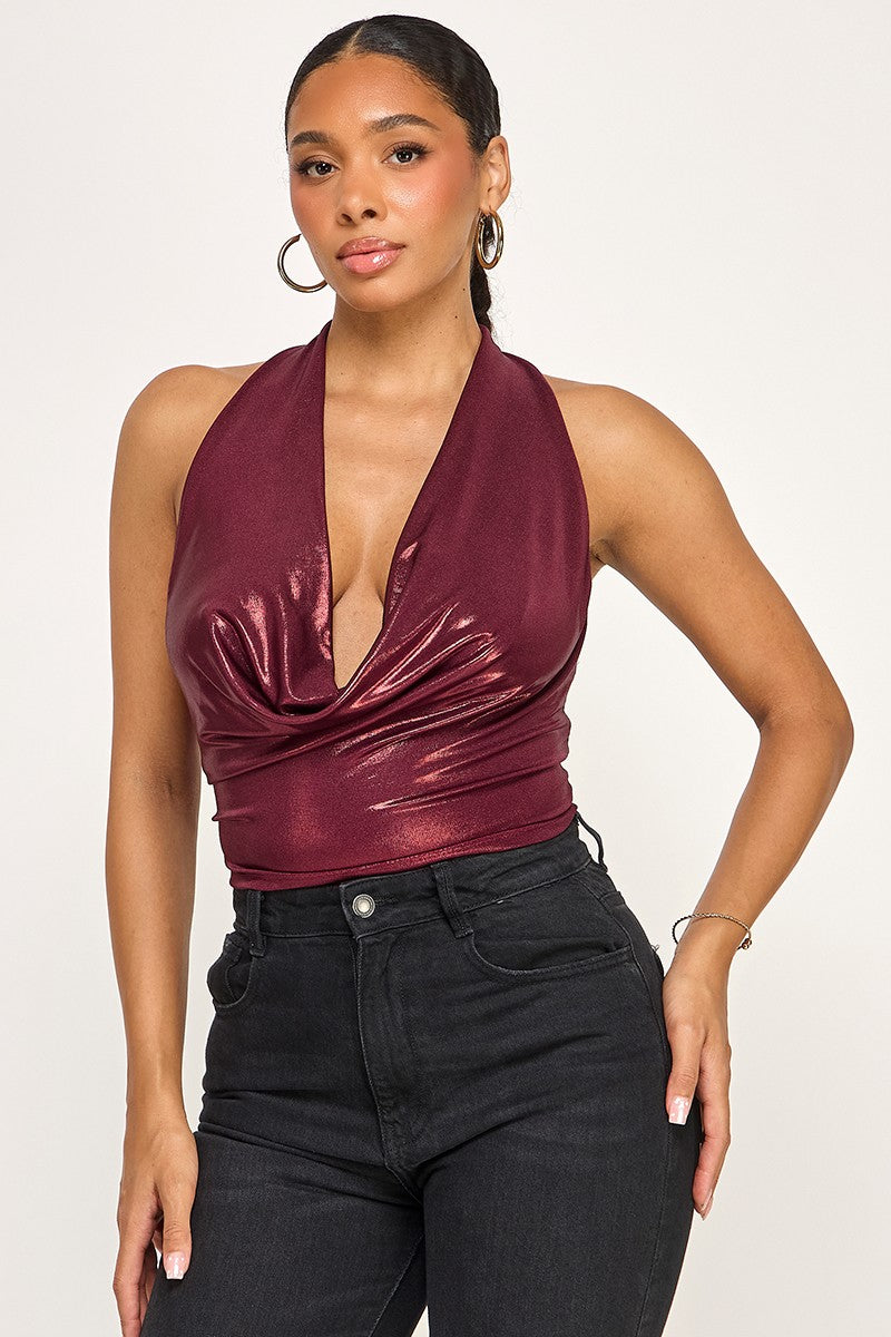 Lacienega Deep V Cowl Neck Slinky Open Back Halter Top