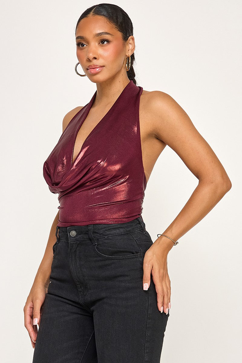 Lacienega Deep V Cowl Neck Slinky Open Back Halter Top