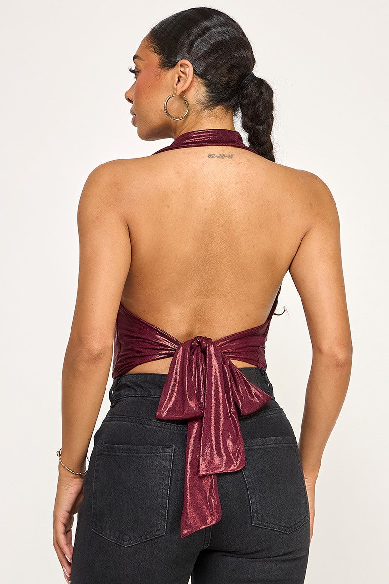 Lacienega Deep V Cowl Neck Slinky Open Back Halter Top