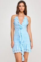 Naima Rosette Halter Neck Ruffle Trim Mini Dress