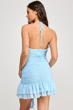 Naima Rosette Halter Neck Ruffle Trim Mini Dress