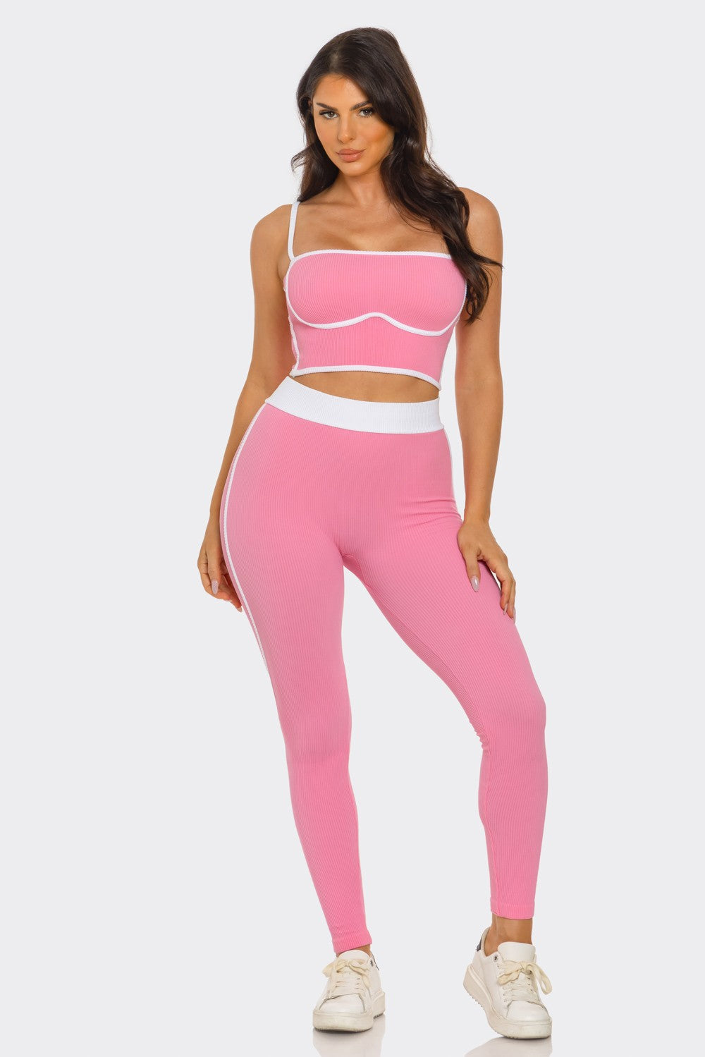 Comfy Peach Contrast Trim Rib Knit Seamless Cami Top & Pants Set