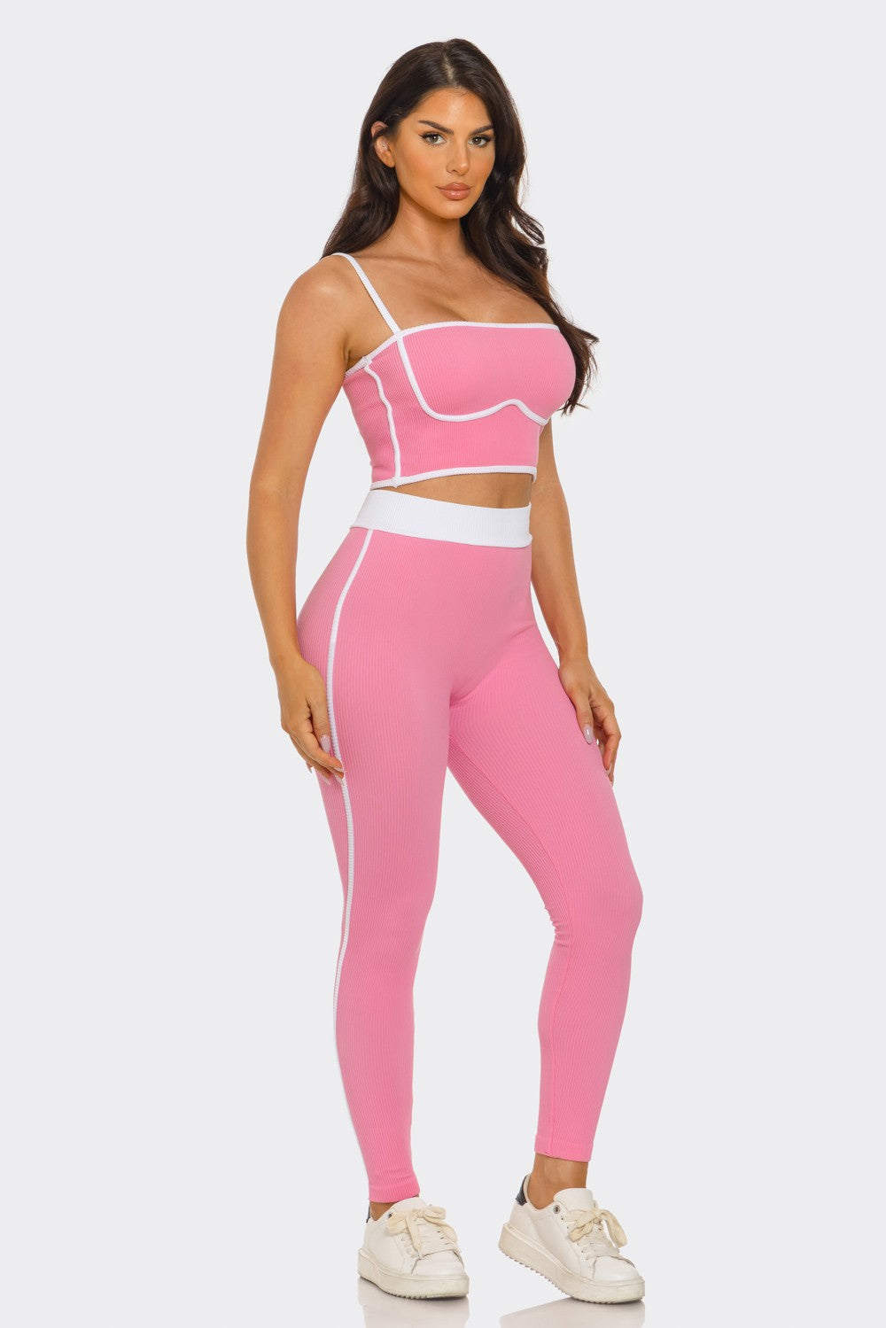 Comfy Peach Contrast Trim Rib Knit Seamless Cami Top & Pants Set