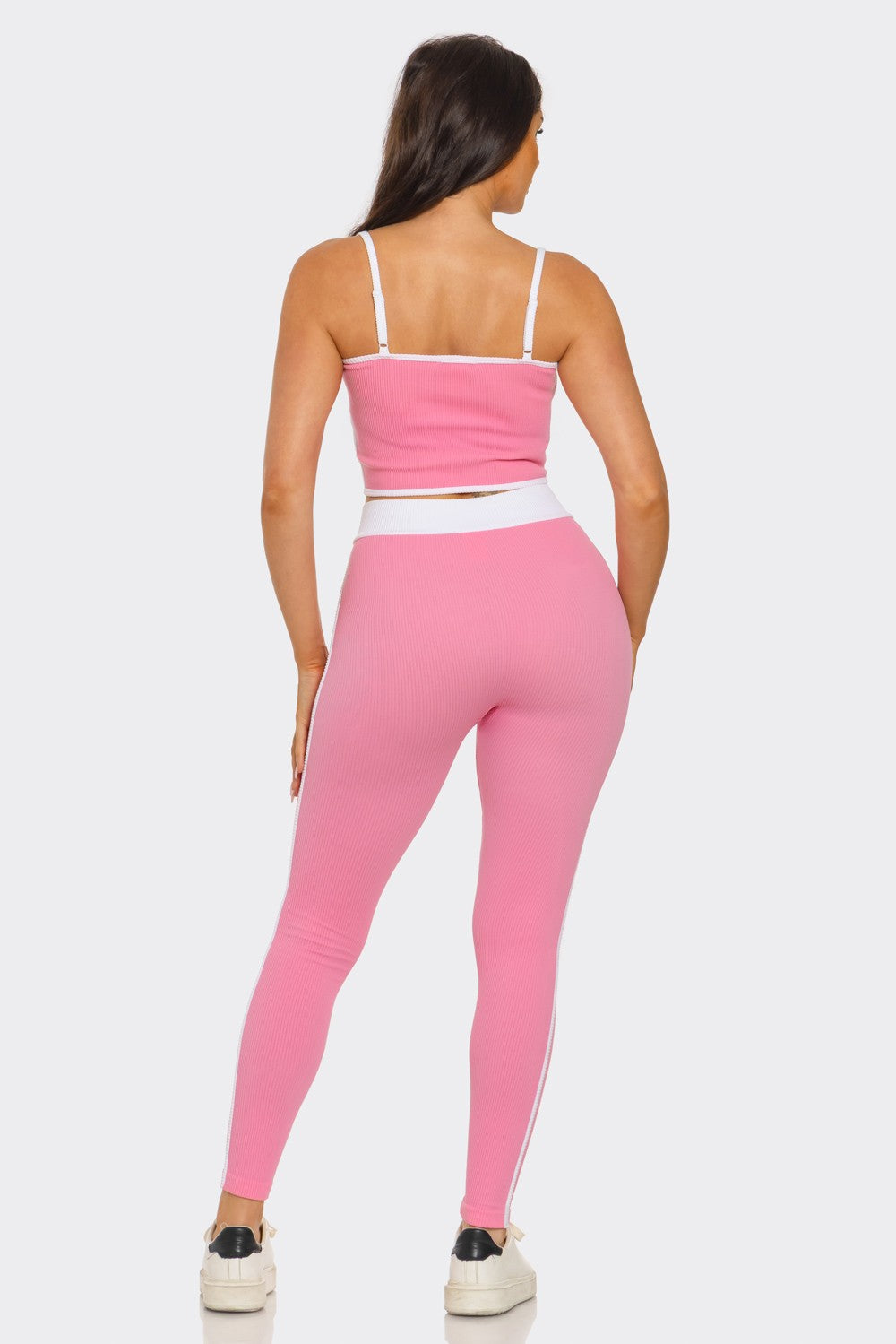 Comfy Peach Contrast Trim Rib Knit Seamless Cami Top & Pants Set