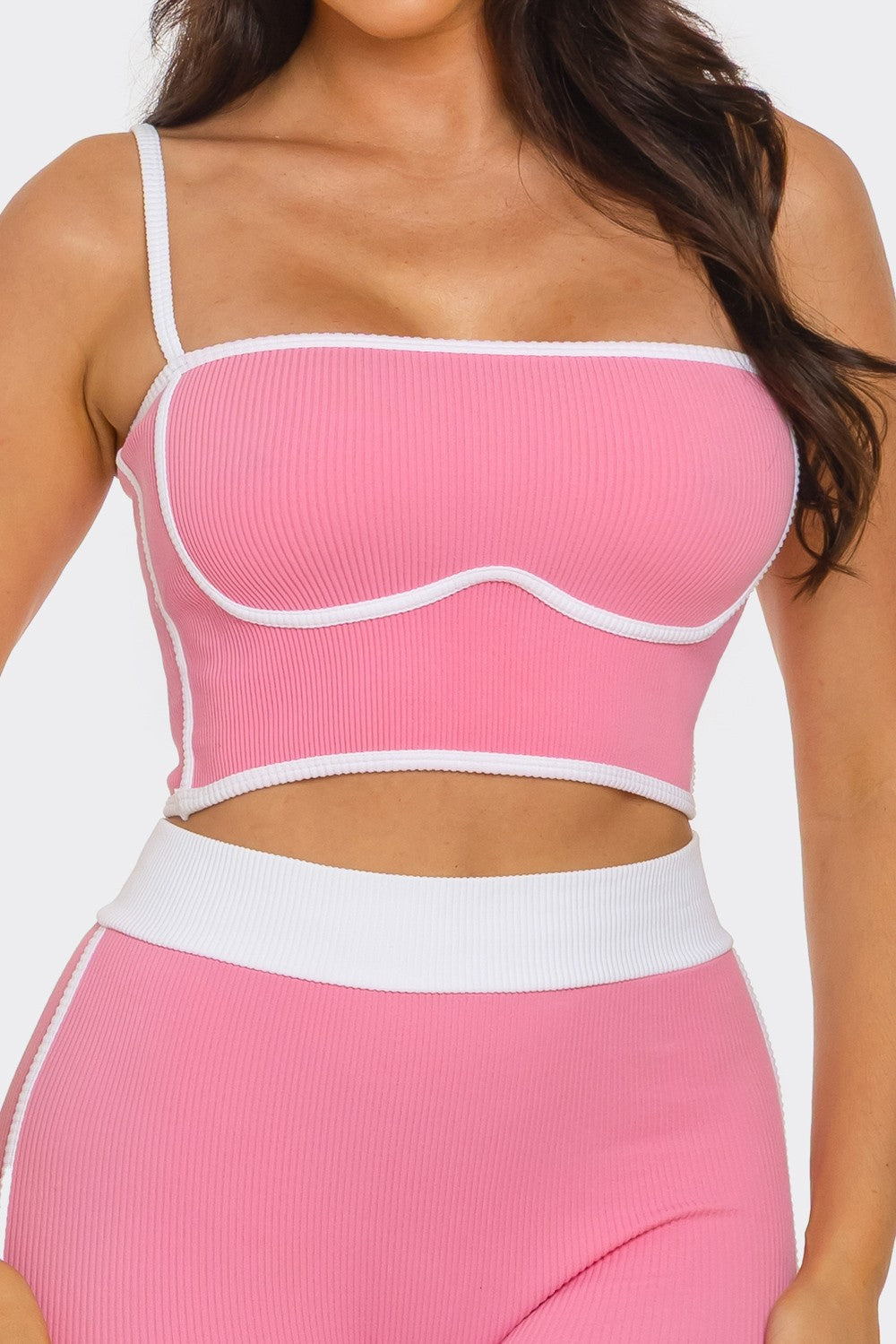 Comfy Peach Contrast Trim Rib Knit Seamless Cami Top & Pants Set