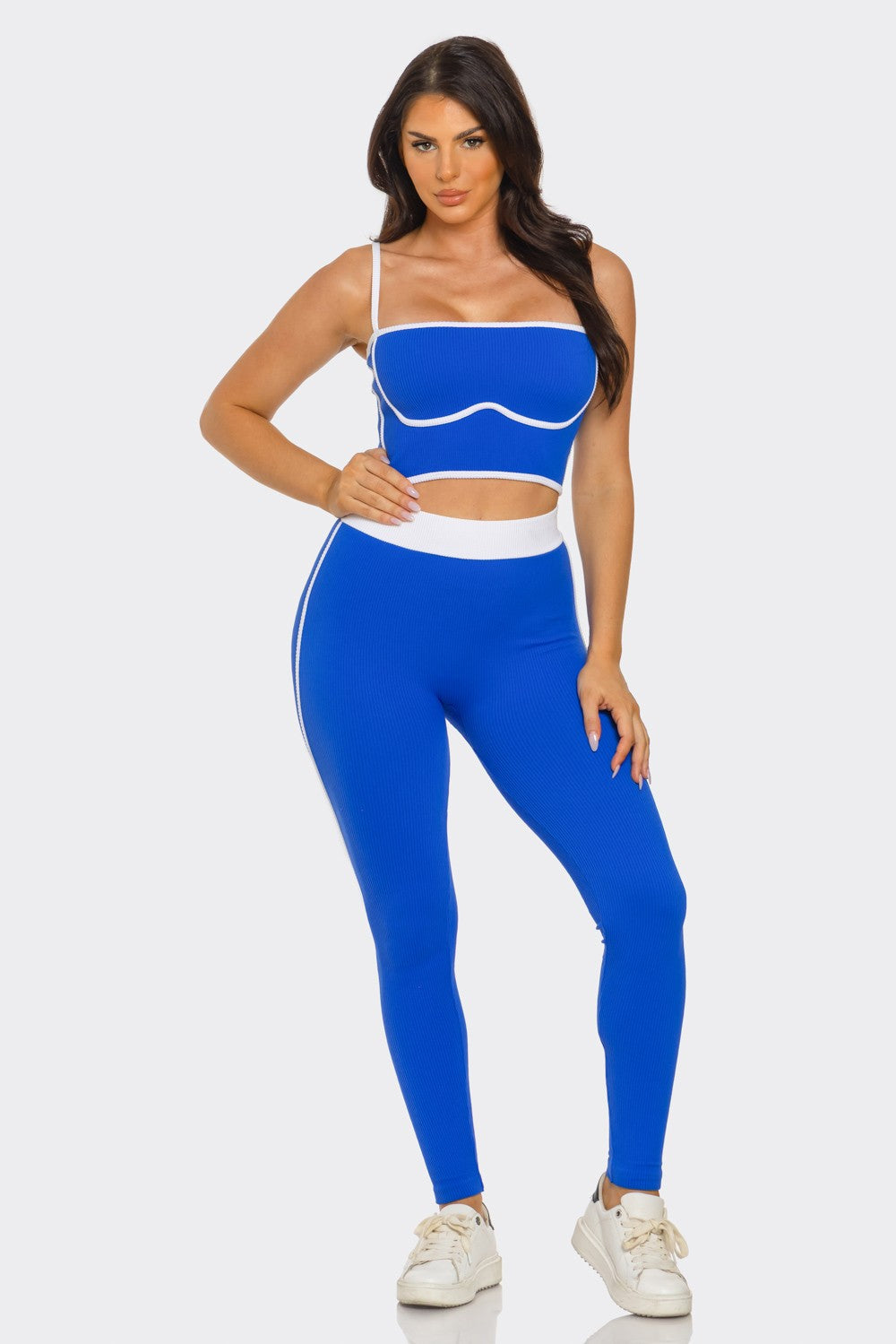 Comfy Peach Contrast Trim Rib Knit Seamless Cami Top & Pants Set