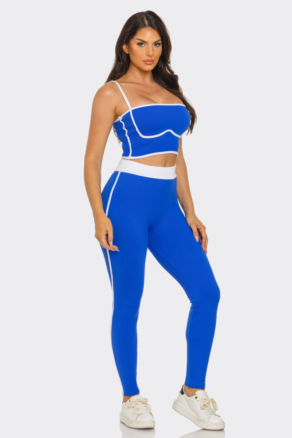 Comfy Peach Contrast Trim Rib Knit Seamless Cami Top & Pants Set