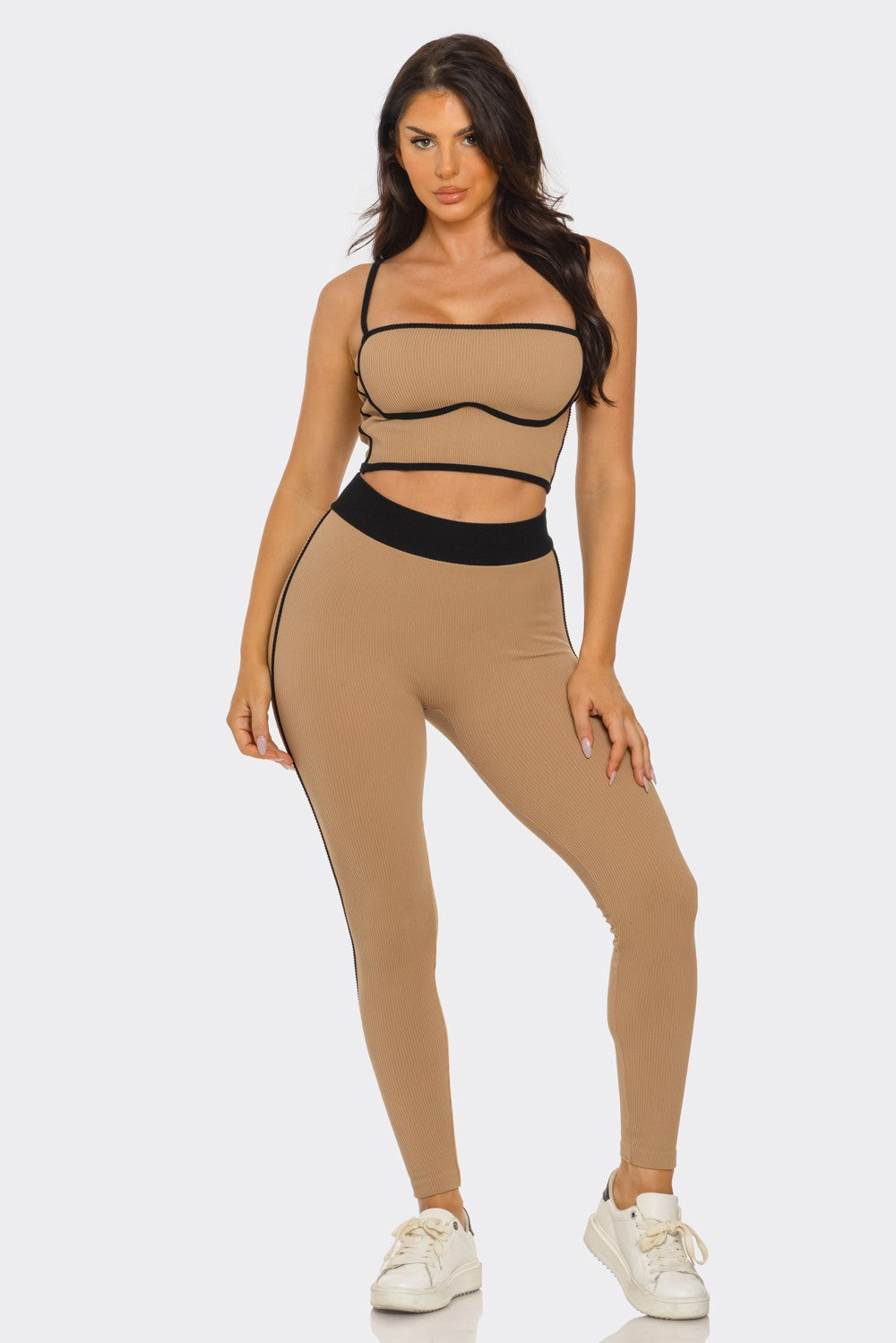 Comfy Peach Contrast Trim Rib Knit Seamless Cami Top & Pants Set