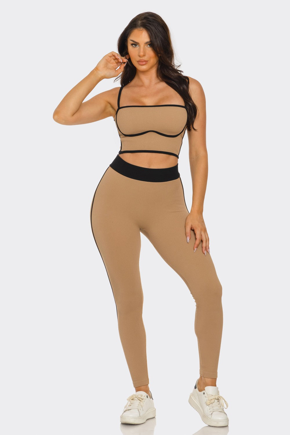 Comfy Peach Contrast Trim Rib Knit Seamless Cami Top & Pants Set