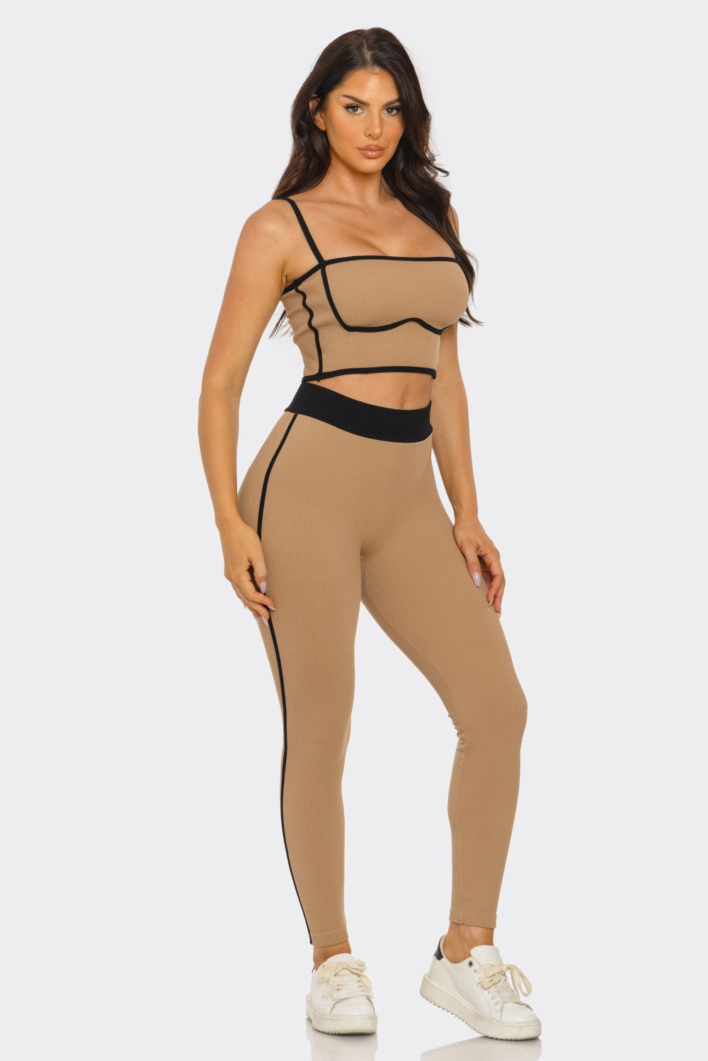 Comfy Peach Contrast Trim Rib Knit Seamless Cami Top & Pants Set