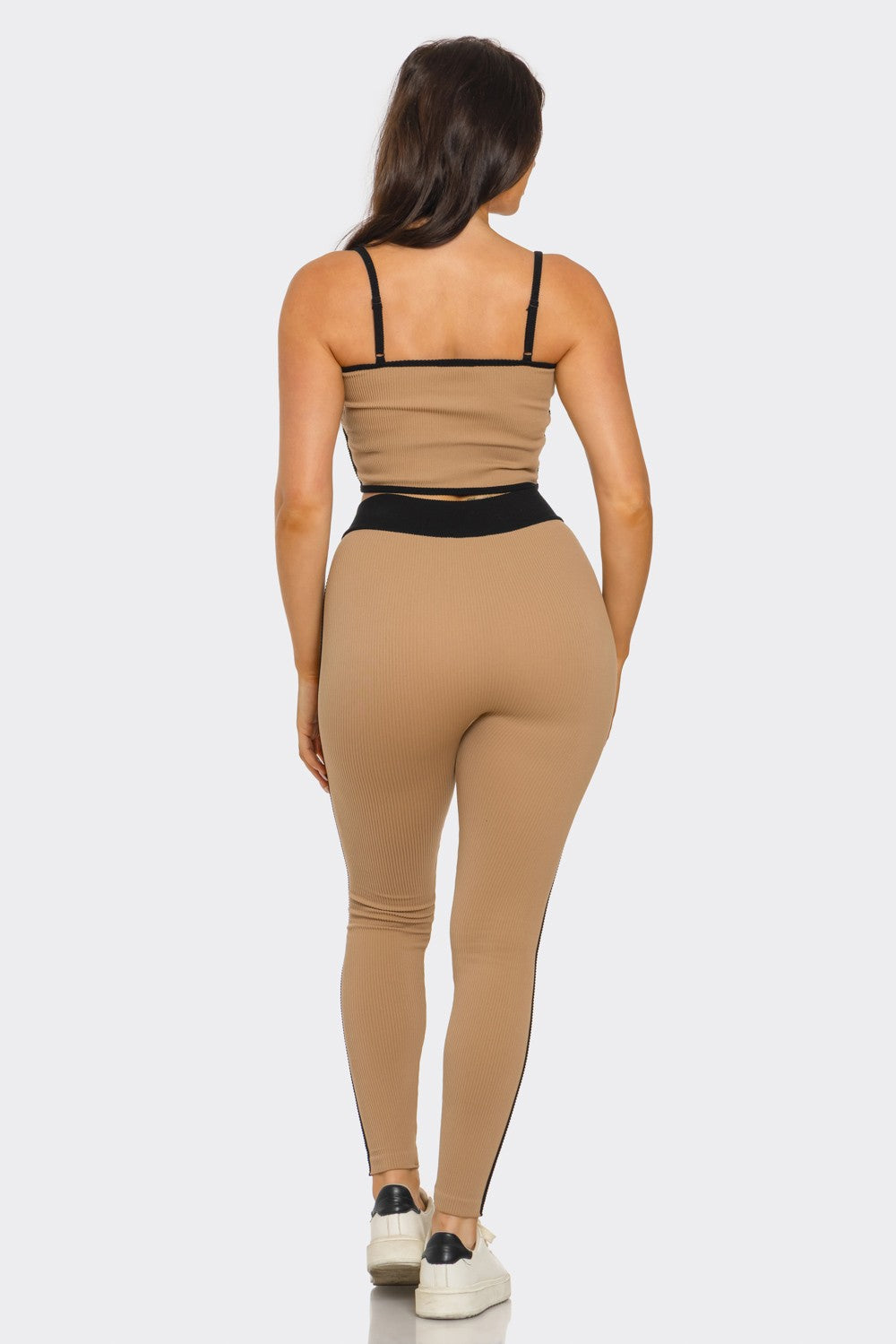 Comfy Peach Contrast Trim Rib Knit Seamless Cami Top & Pants Set