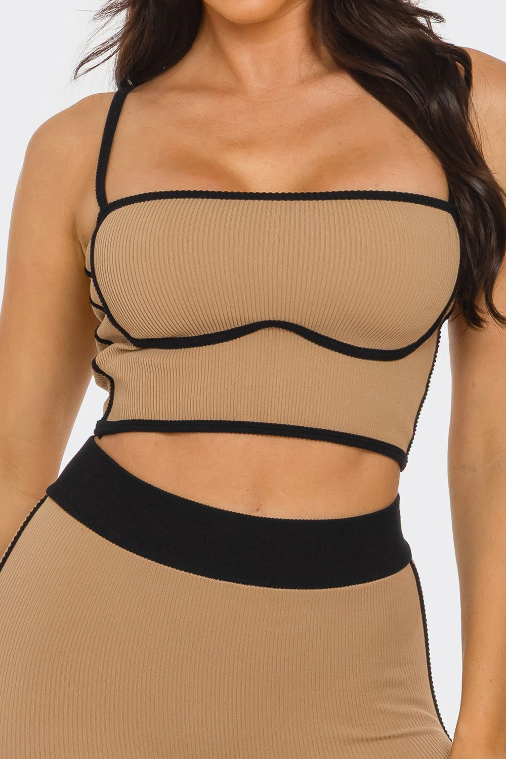 Comfy Peach Contrast Trim Rib Knit Seamless Cami Top & Pants Set