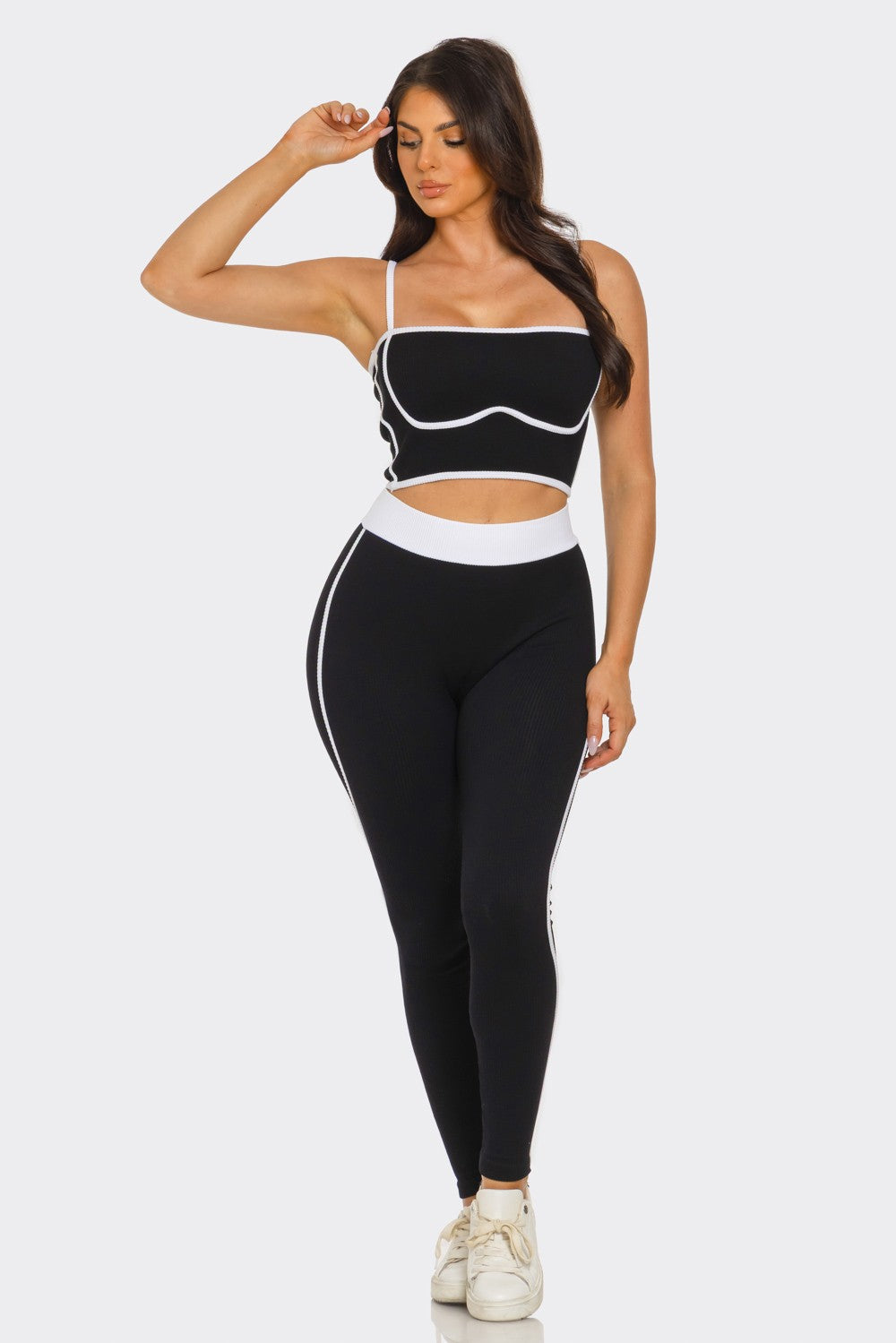 Comfy Peach Contrast Trim Rib Knit Seamless Cami Top & Pants Set