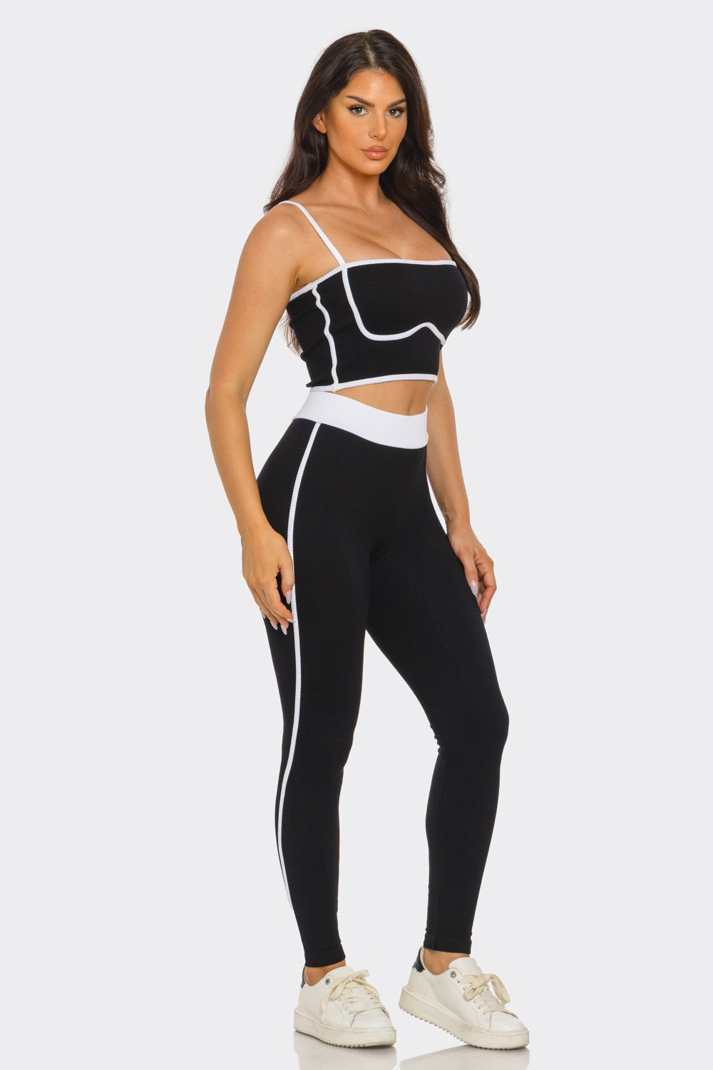 Comfy Peach Contrast Trim Rib Knit Seamless Cami Top & Pants Set