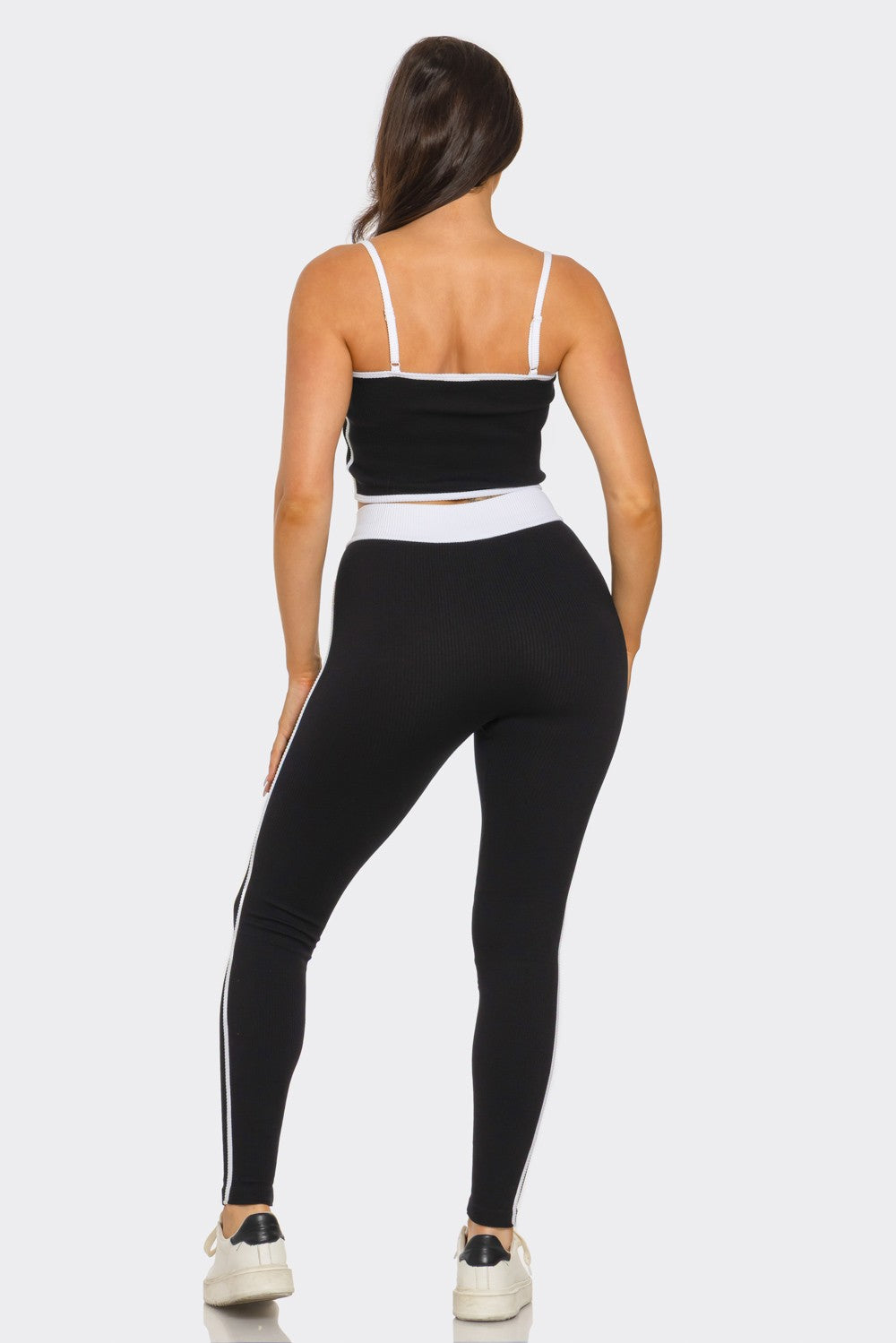 Comfy Peach Contrast Trim Rib Knit Seamless Cami Top & Pants Set