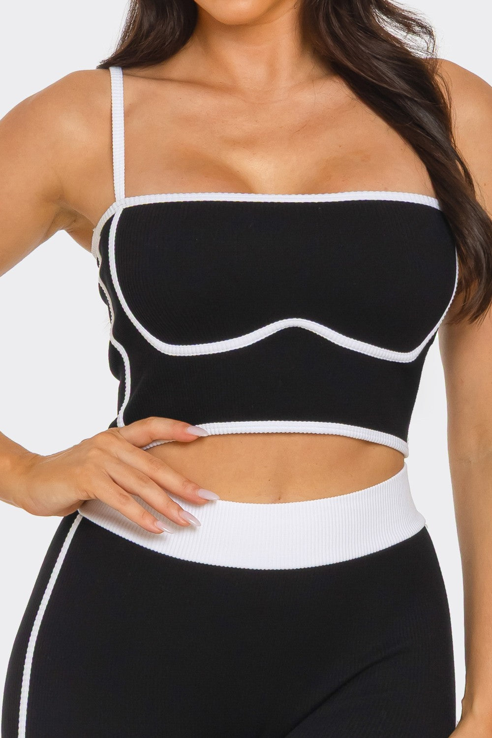 Comfy Peach Contrast Trim Rib Knit Seamless Cami Top & Pants Set