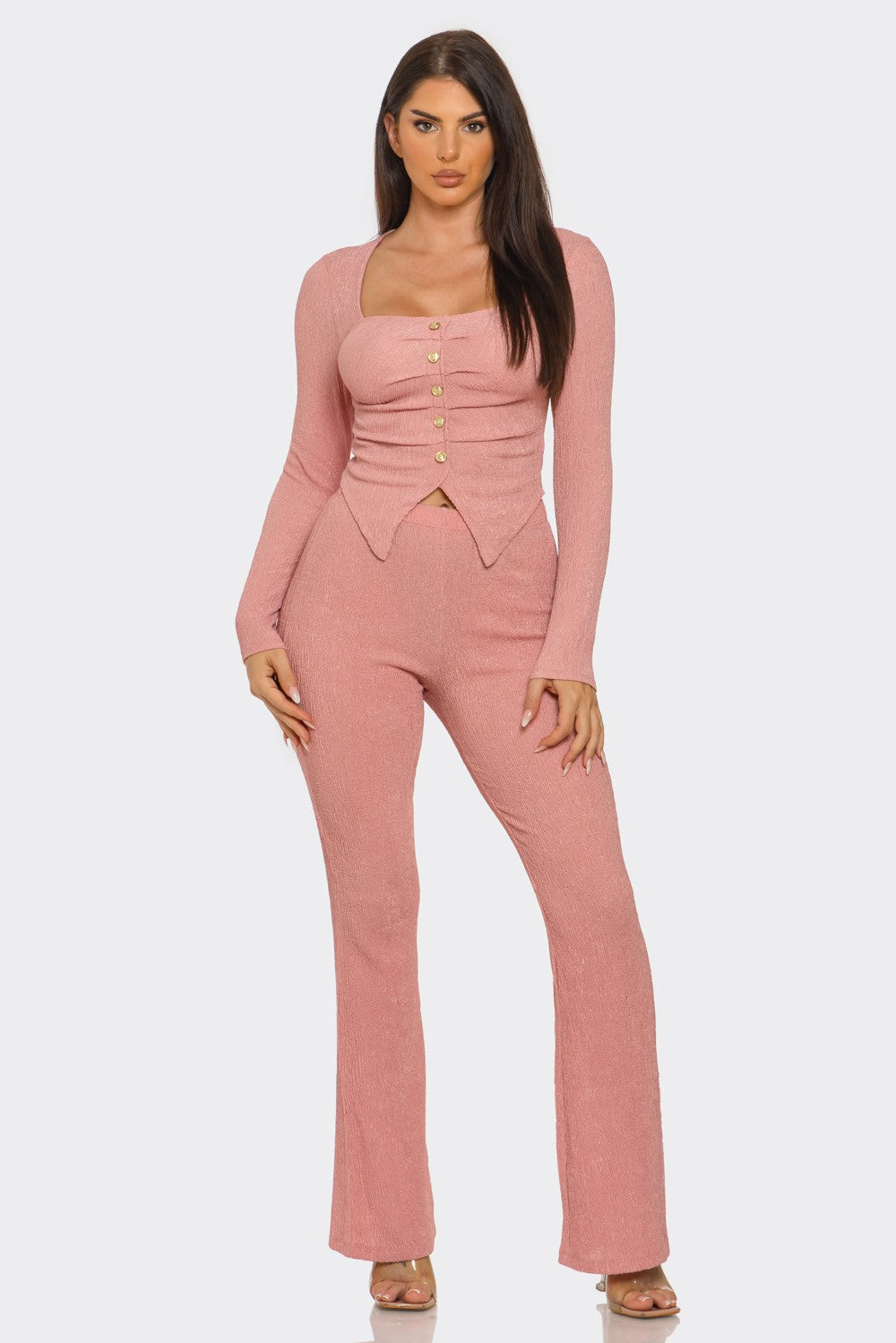 Eva Square Neck Button Front Top And Pants Set