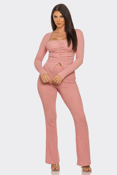 Eva Square Neck Button Front Top And Pants Set