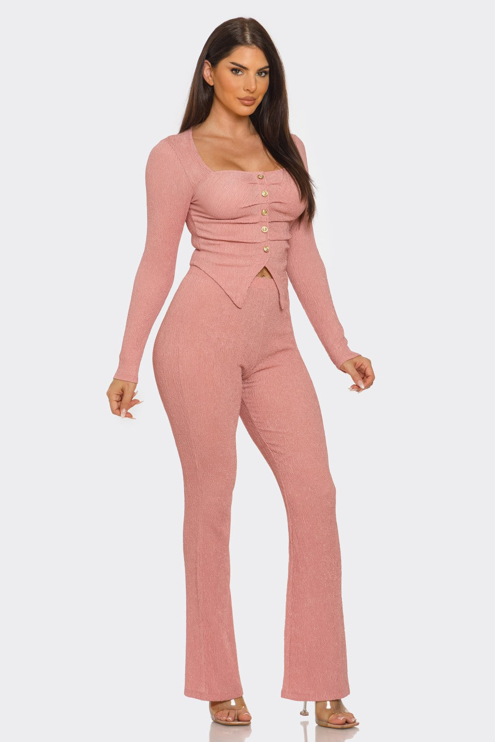 Eva Square Neck Button Front Top And Pants Set