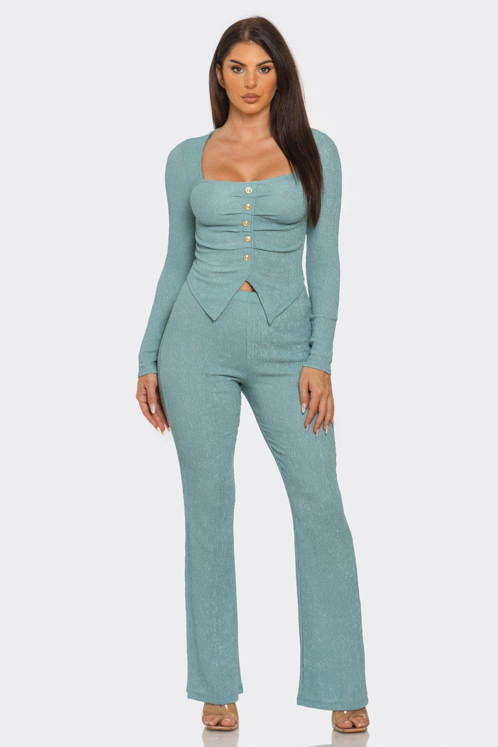Eva Square Neck Button Front Top And Pants Set