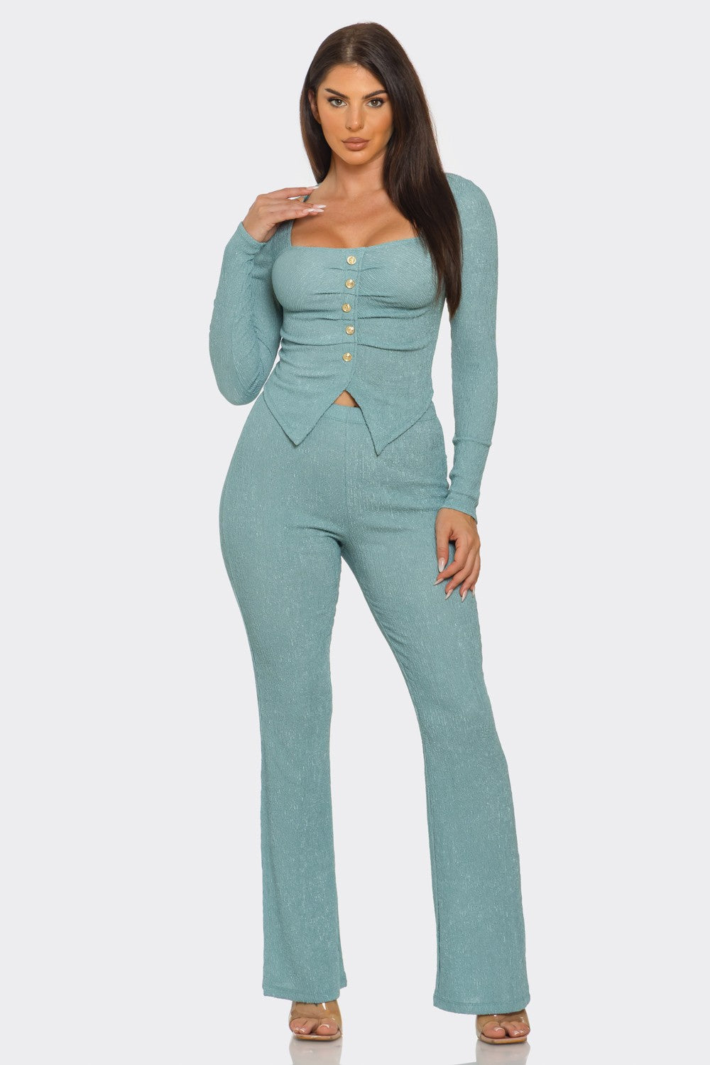 Eva Square Neck Button Front Top And Pants Set