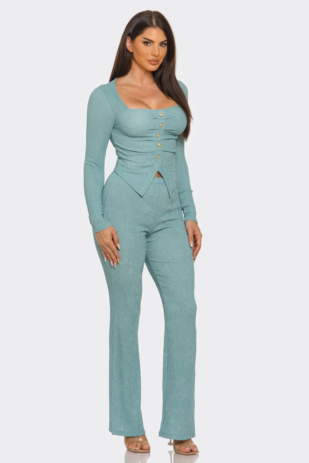 Eva Square Neck Button Front Top And Pants Set