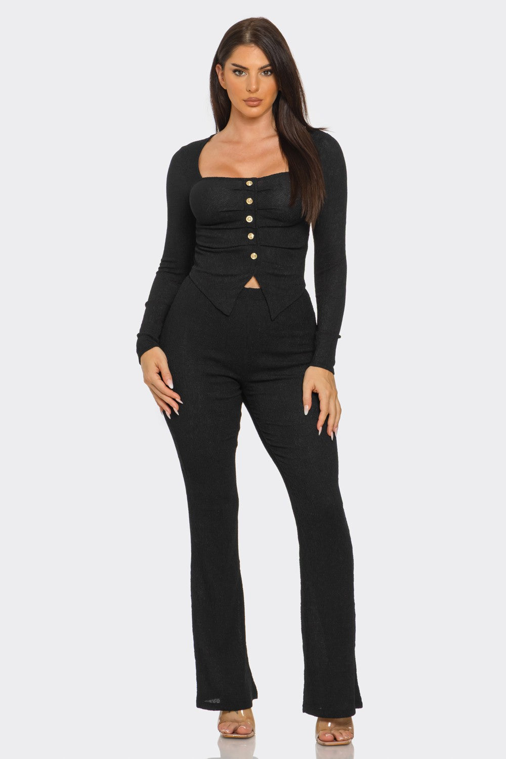 Eva Square Neck Button Front Top And Pants Set