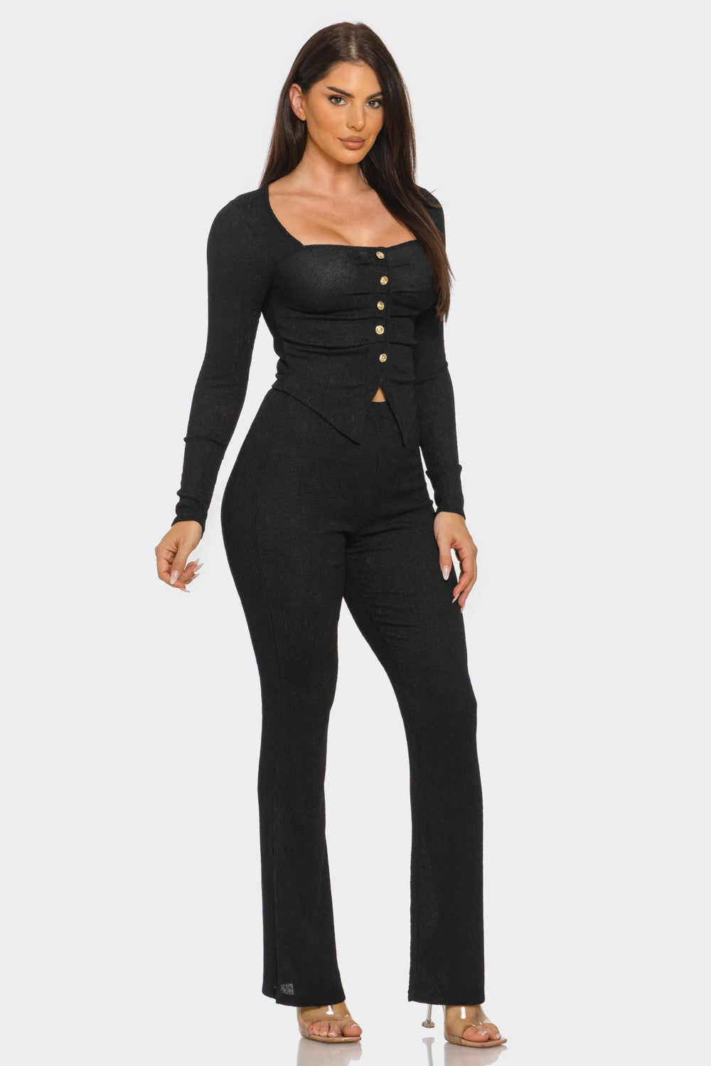 Eva Square Neck Button Front Top And Pants Set