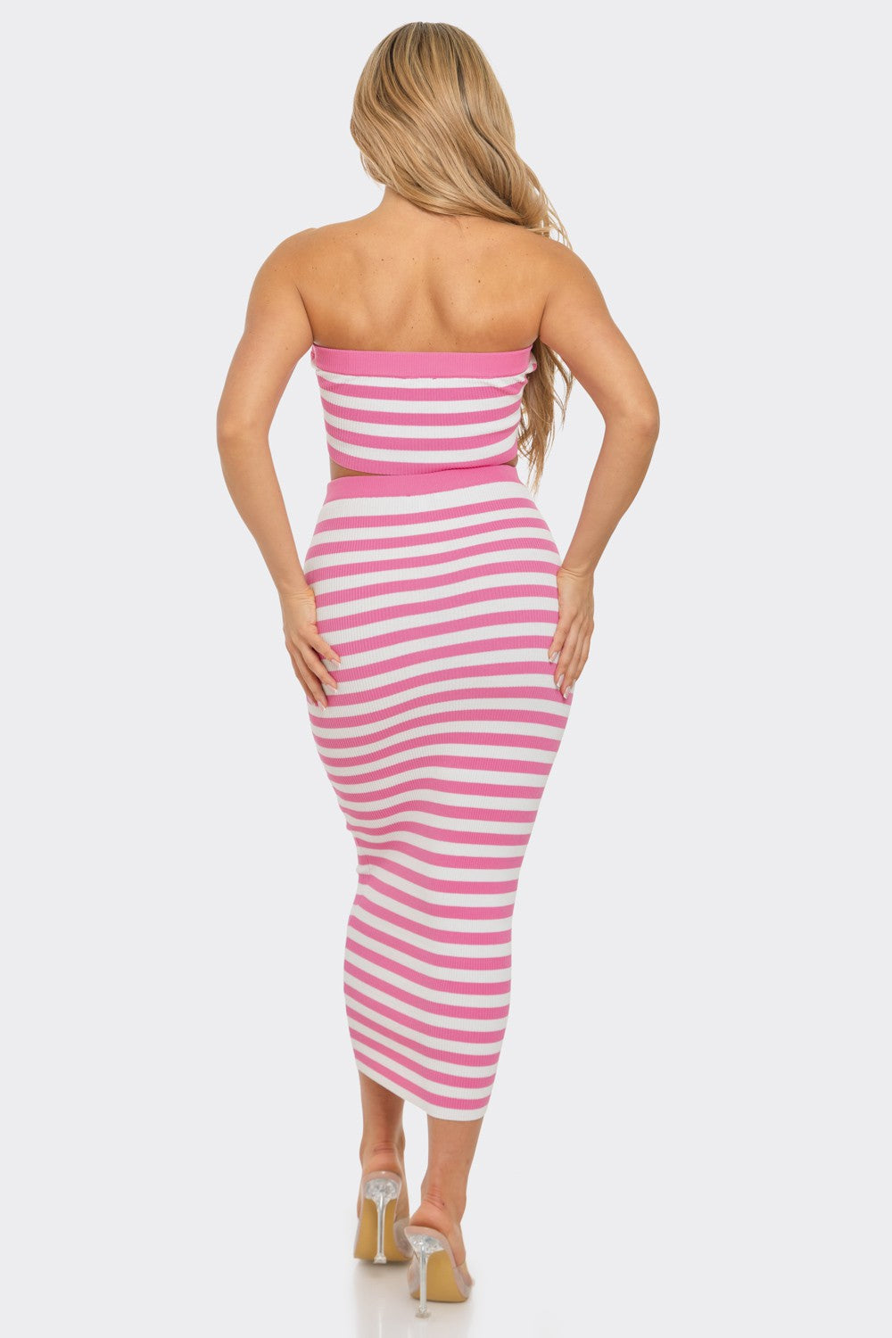 Draya Striped Rib Knit Bandeau Top Maxi Skirt Set