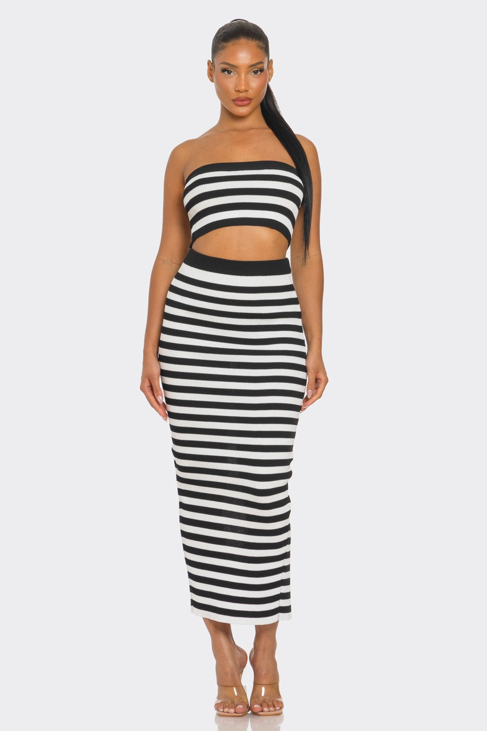 Draya Striped Rib Knit Bandeau Top Maxi Skirt Set