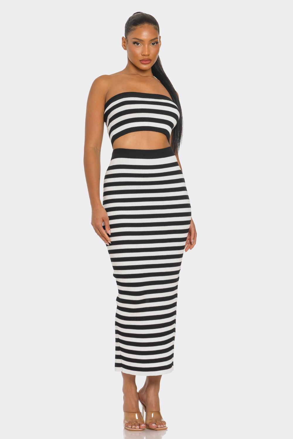 Draya Striped Rib Knit Bandeau Top Maxi Skirt Set