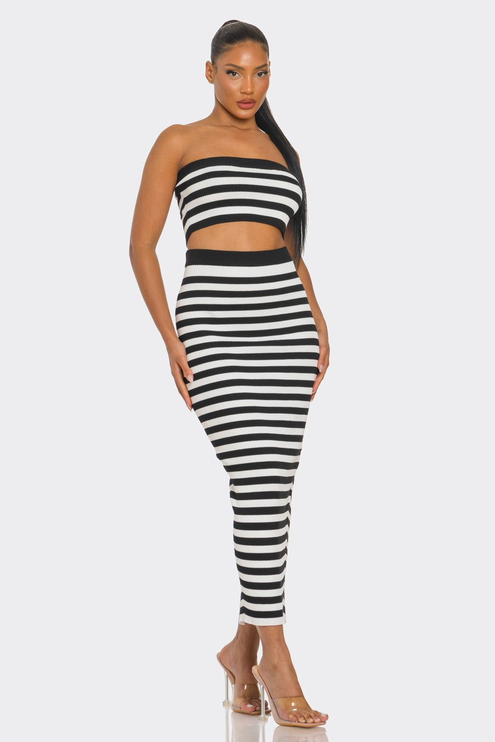 Draya Striped Rib Knit Bandeau Top Maxi Skirt Set