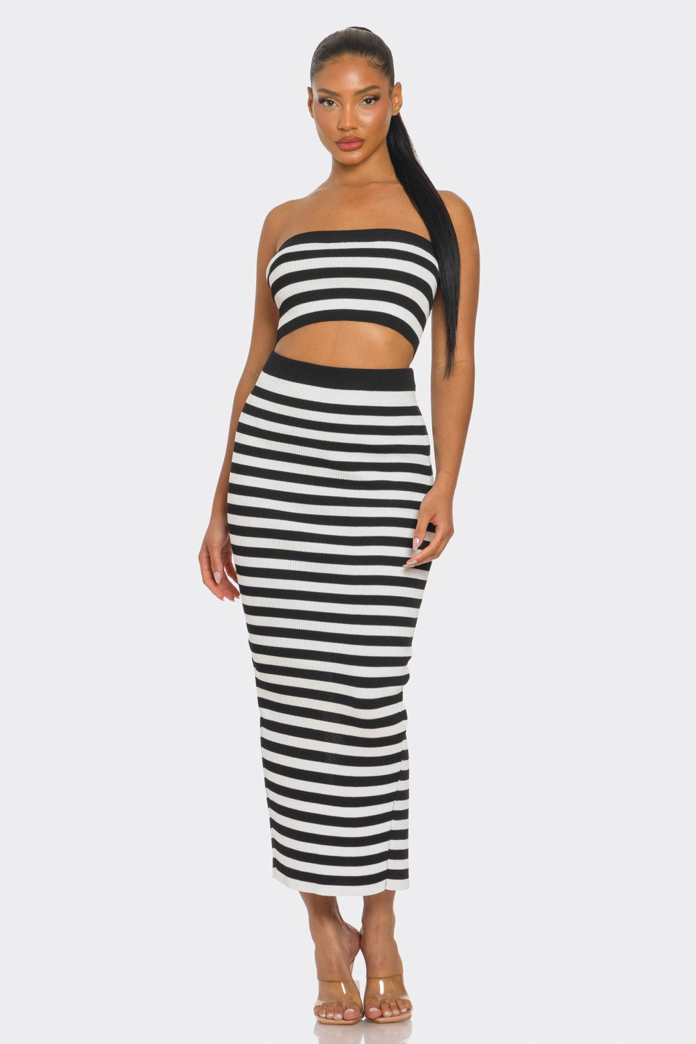 Draya Striped Rib Knit Bandeau Top Maxi Skirt Set