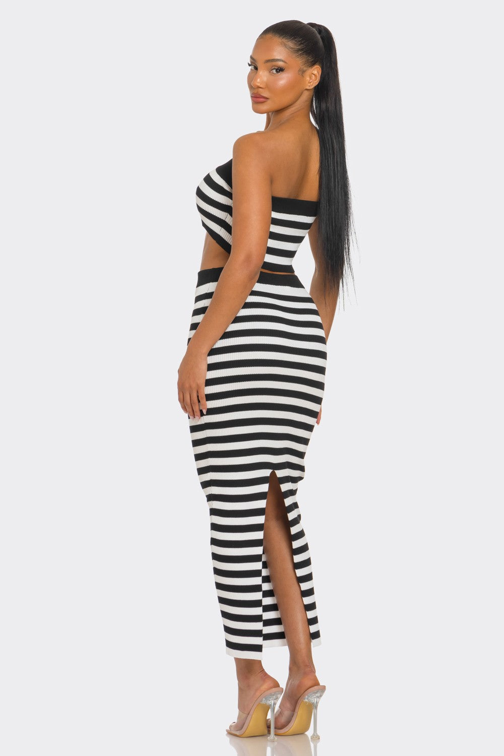 Draya Striped Rib Knit Bandeau Top Maxi Skirt Set
