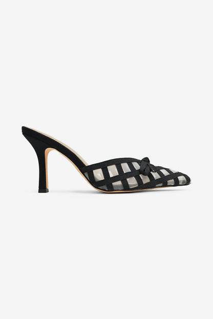 Maya Bow Detail Pointed Toe Lattice Mesh High Heel Mules