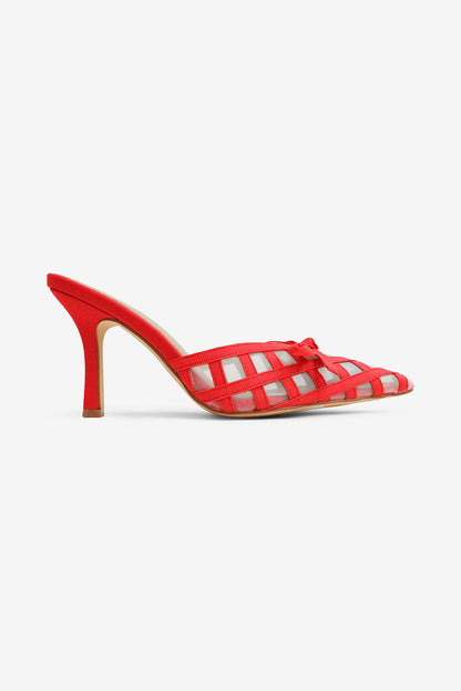 Maya Bow Detail Pointed Toe Lattice Mesh High Heel Mules