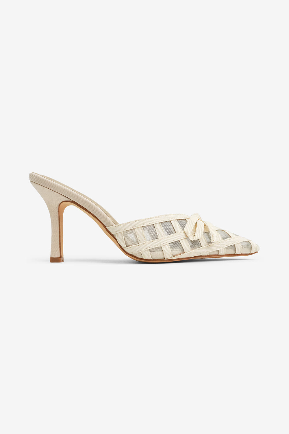 Maya Bow Detail Pointed Toe Lattice Mesh High Heel Mules