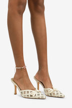 Maya Bow Detail Pointed Toe Lattice Mesh High Heel Mules