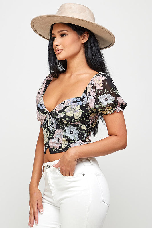 Sheri Floral Print Chiffon Off Shoulder Crop Top