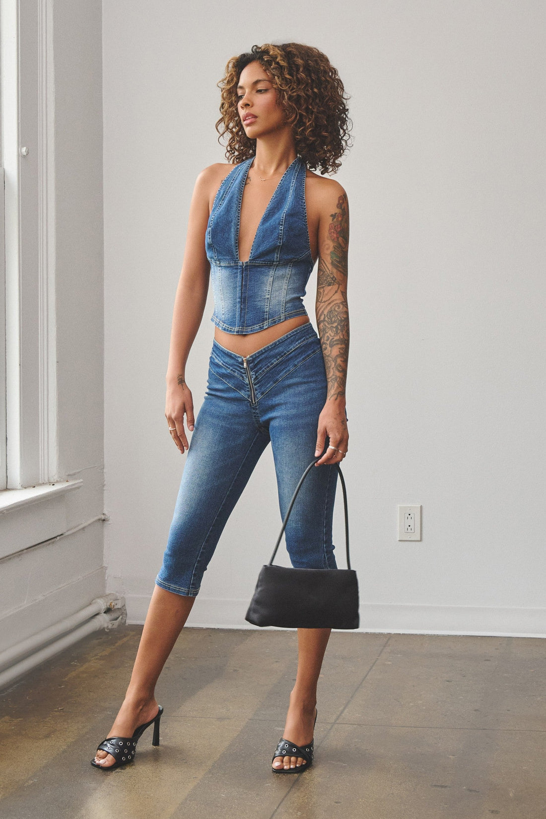 Mena Deep V Halter Neck Top &amp; Denim Capri Pants Set