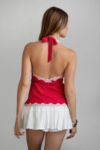 Betty Polka Dot Deep V Lace Trim Halter Neck Cami Top