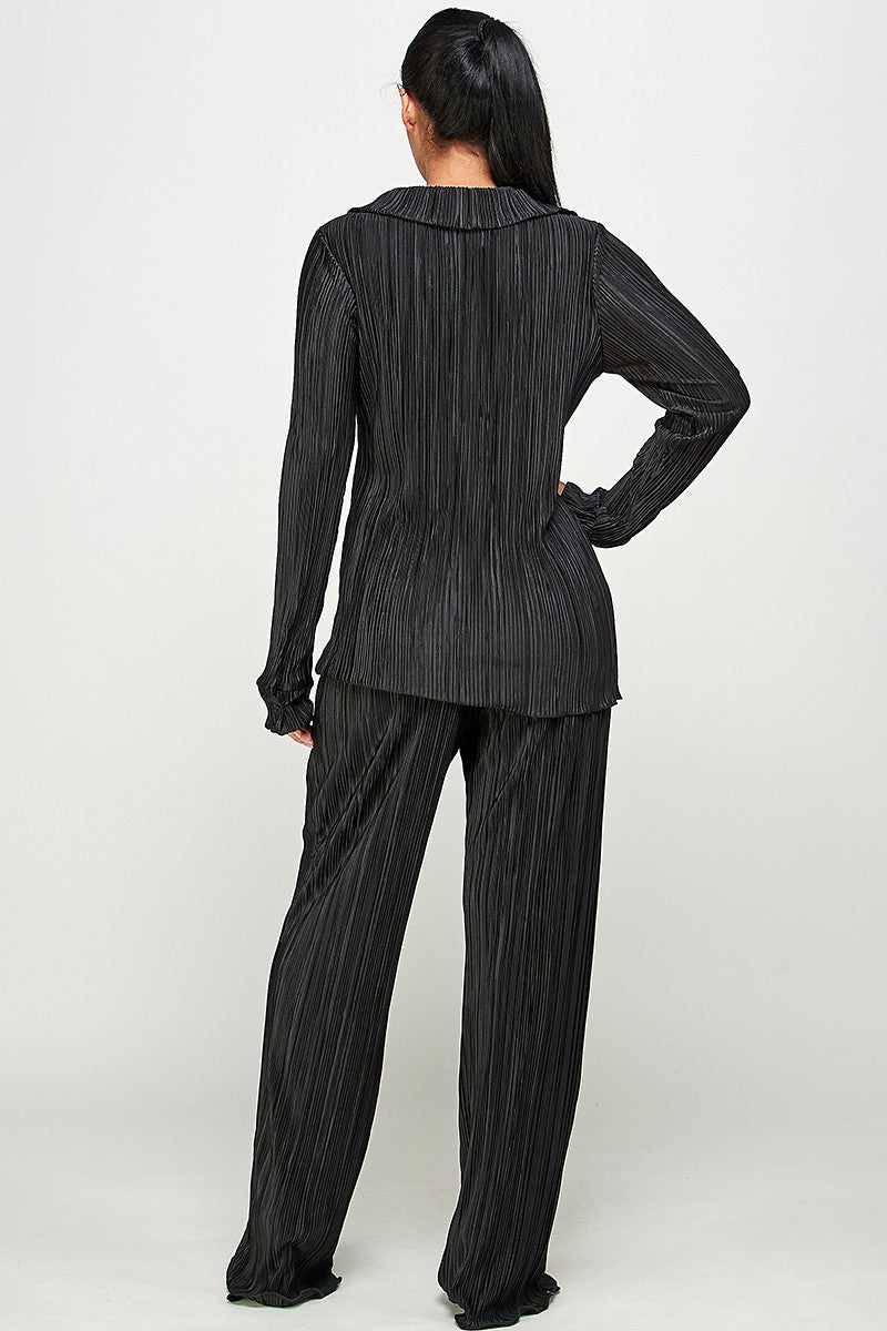 Taliya Long Sleeves Button Up Top Wide Leg Plisse Pant Set